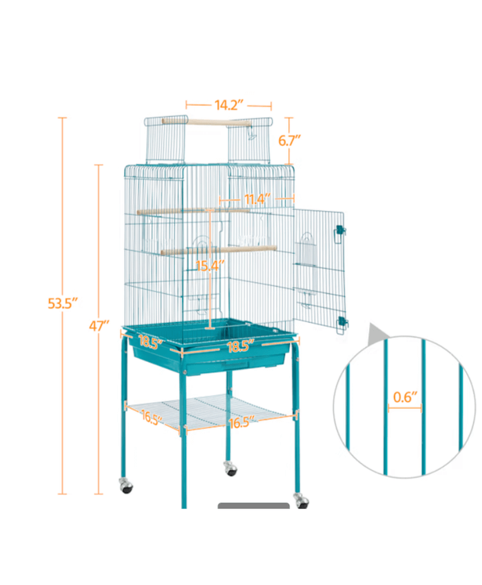 Teal Blue Metal Bird Cage with Detachable Rolling Stand for Small Birds, 47